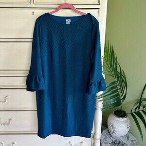 NWT Chico's Textured Teal Stretch Bell-Sleeve Midi Dress Sz 1 Med